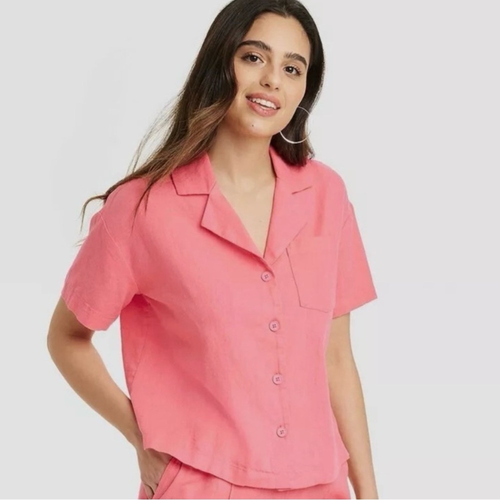 NWT A New Day Linen Blend Short Sleeve Button Down Camp Shirt